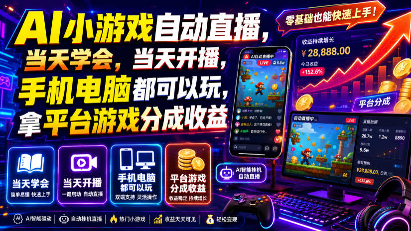 AI小游戏自动直播，当天学会，当天开播，手机电脑都可以玩，拿平台游戏分成收益-墨痕微课
