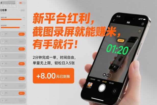 新平台红利，截图录屏就能賺米，有手就行！2分钟完成一单，时间自由，单量无上限，轻松日入5张【揭秘】-墨痕微课