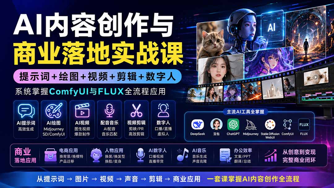 AI内容创作与商业落地实战课:提示词+绘图+视频+剪辑+数字人,系统掌握ComfyUI与FLUX全流程应用-墨痕微课