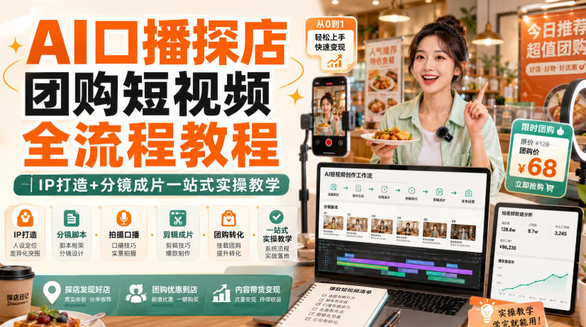 AI口播探店团购短视频全流程教程|IP打造+分镜成片一站式实操教学-墨痕微课