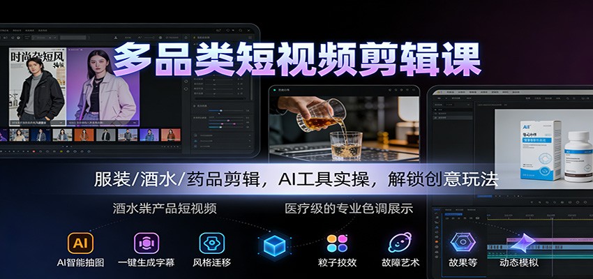 多品类短视频剪辑课：服装/酒水/药品剪辑，AI工具实操，解锁创意玩法-墨痕微课