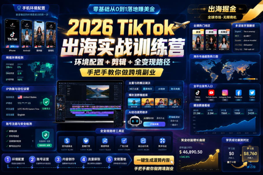 2026 TikTok出海实战训练营，环境配置 + 剪辑 + 全变现路径，手把手教你做跨境副业-墨痕微课