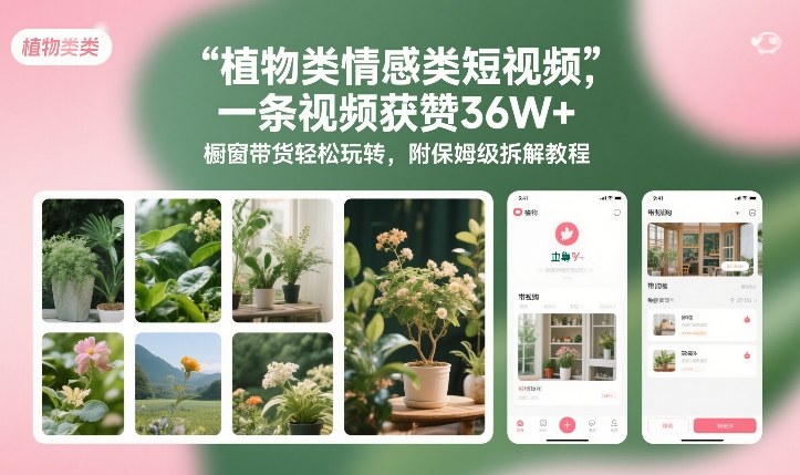植物类情感类短视频,一条视频获赞36W+,橱窗带货轻松玩转,附保姆级拆解教程-墨痕微课