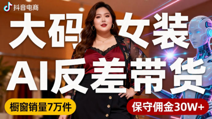 抖音小众赛道，大码女装AI反差带货，不用直播，每天6条作品，橱窗卖7万件，保守佣金30W+-墨痕微课