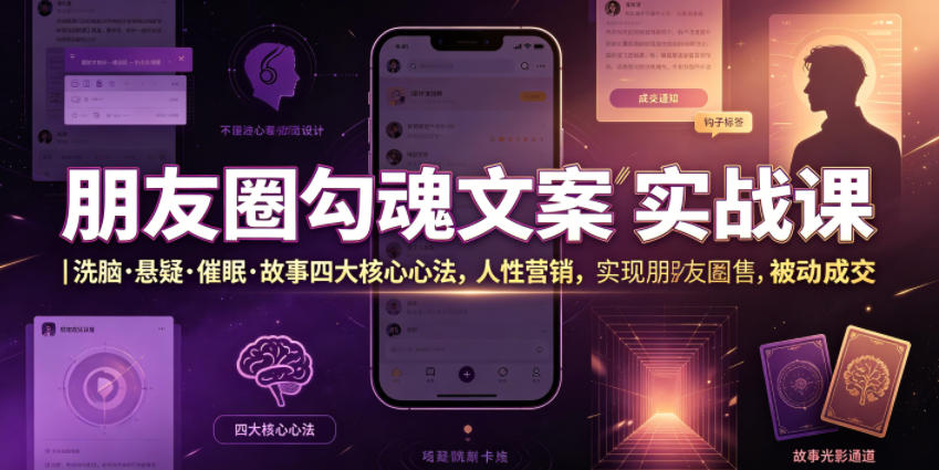 朋友圈勾魂文案实战课|洗脑·悬疑·催眠·故事四大核心心法,吃透人性营销,实现朋友圈不销而售被动成交-墨痕微课