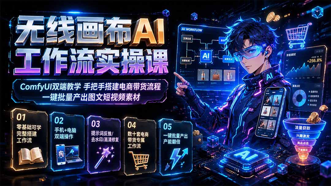 无线画布AI工作流实操课｜ComfyUI双端教学，手把手搭建电商带货流程，一键批量产出图文短视频素材-墨痕微课