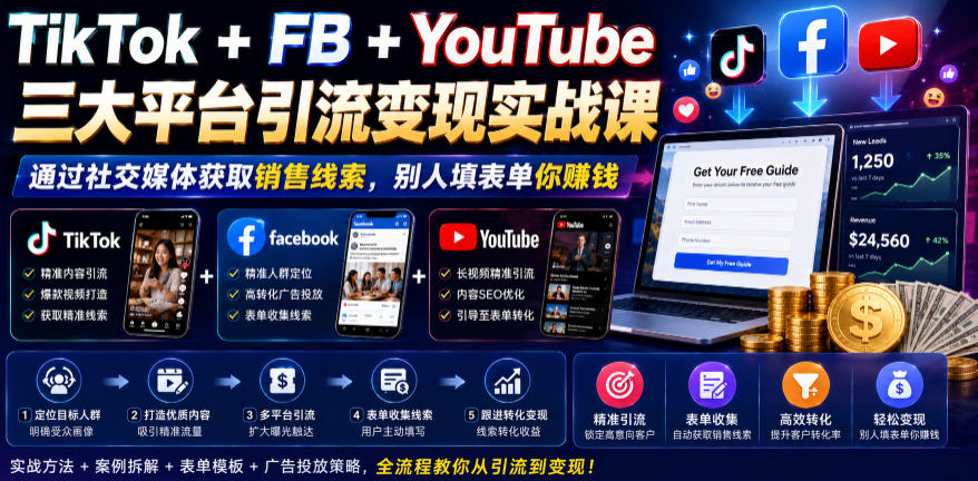 TikTok+FB+YouTube三大平台引流变现实战课,通过社交媒体获取销售线索,别人填表单你賺钱【原创双语字幕】-墨痕微课