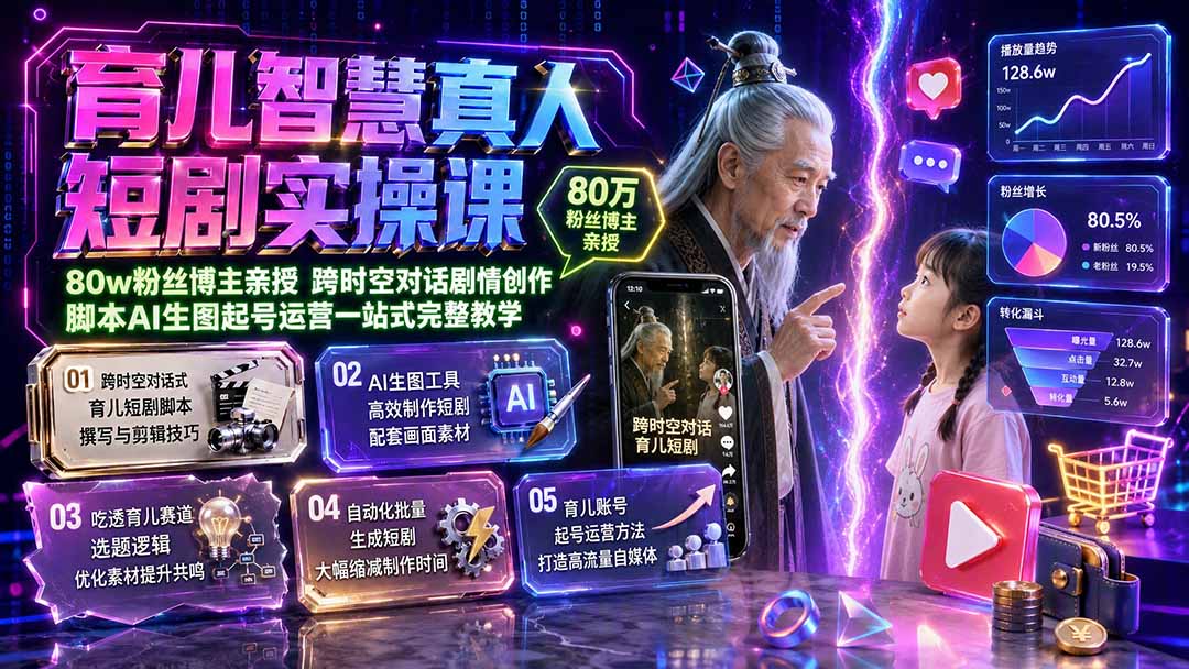 育儿智慧真人短剧实操课｜80w粉丝博主亲授，跨时空对话剧情创作，脚本AI生图起号运营一站式完整教学-墨痕微课