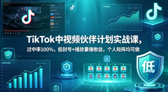 TikTok中视频伙伴计划实战课，过中率100%，低封号+播放量賺收益，个人矩阵均可做-墨痕微课