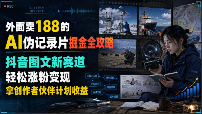 外面卖188的AI伪记录片掘金全攻略,抖音图文新赛道,轻松涨粉变现,拿创作者伙伴计划收益【文档】-墨痕微课