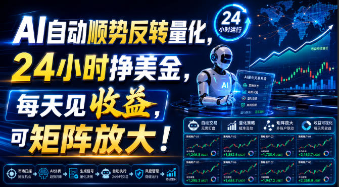 AI自动顺势反转量化,24小时挣美金,每天见收益,可矩阵放大!【揭秘】-墨痕微课