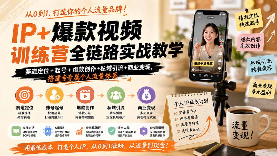 IP+爆款视频训练营全链路实战教学;赛道定位+起号+爆款创作+私域引流+商业变现,搭建专属个人流量体系-墨痕微课