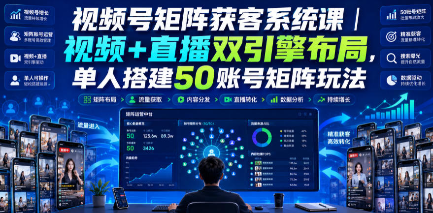 视频号矩阵获客系统课|视频+直播双引擎布局,单人搭建50账号矩阵玩法,流量入池、搜索占位、全域引流沉淀私域全流程教学-墨痕微课