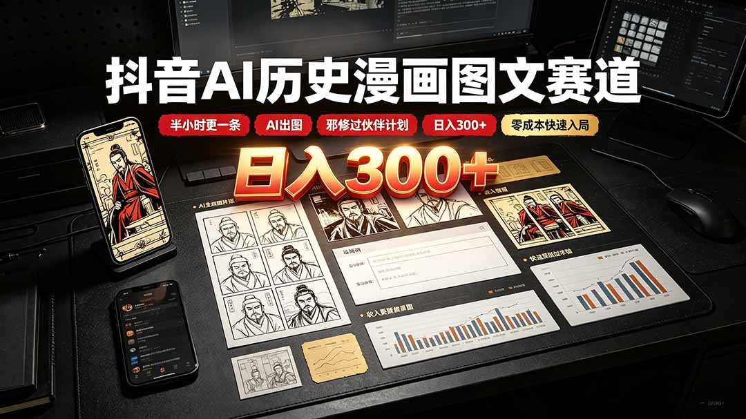 抖音AI历史漫画图文赛道：半小时更一条×AI出图×邪修过伙伴计划×日入300+，零成本快速入局-墨痕微课