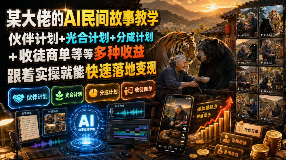 某大佬的AI民间故事教学，伙伴计划+光合计划+分成计划+收徒商单等多种收益，跟着实操就能快速落地变现-墨痕微课