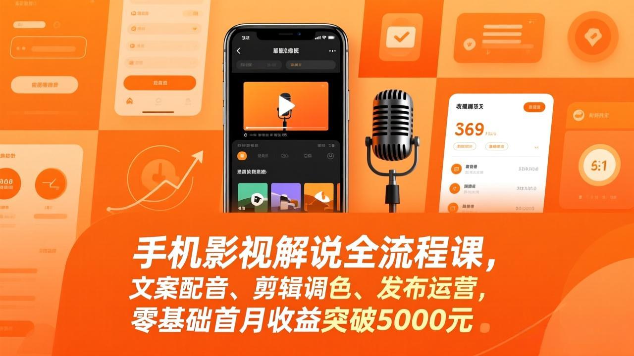 手机影视解说全流程课，文案配音、剪辑调色、发布运营，零基础首月收益突破5000元-墨痕微课