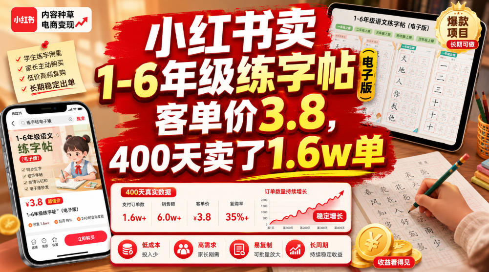 小红书卖1-6年级练字帖(电子版),客单价3.8,400天卖了1.6w单-墨痕微课