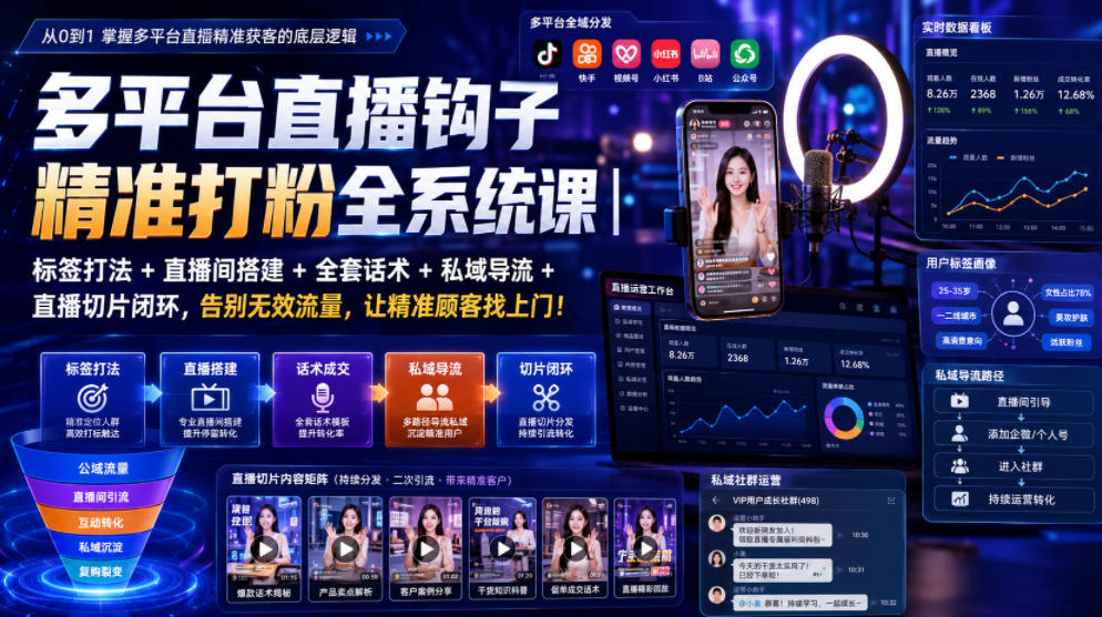 多平台直播钩子精准打粉全系统课|标签打法+直播间搭建+全套话术+私域导流+直播切片闭环,告别无效流量,让精准顾客找上门!-墨痕微课