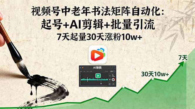 视频号中老年书法矩阵自动化:起号+AI剪辑+批量引流 7天起量30天涨粉10w+-墨痕微课