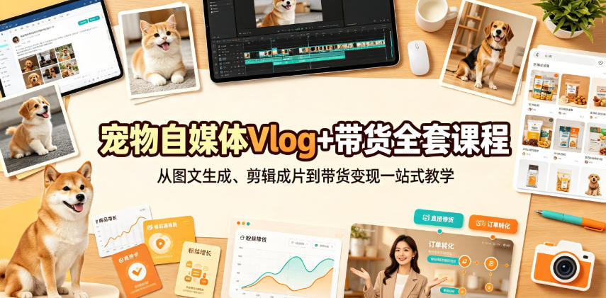宠物自媒体Vlog+带货全套课程|从图文生成、剪辑成片到带货变现一站式教学-墨痕微课