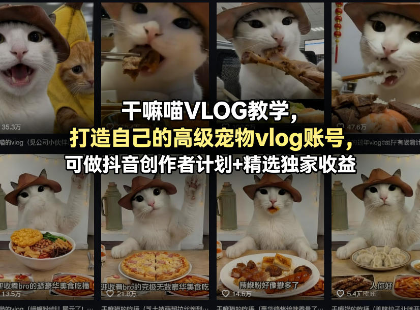 干嘛喵VLOG教学，打造自己的高级宠物vlog账号，可做抖音创作者计划+精选独家收益-墨痕微课