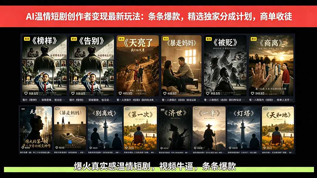 AI温情短剧创作者变现最新玩法：视频牛逼，条条爆款，精选独家分成计划，商单收徒-墨痕微课