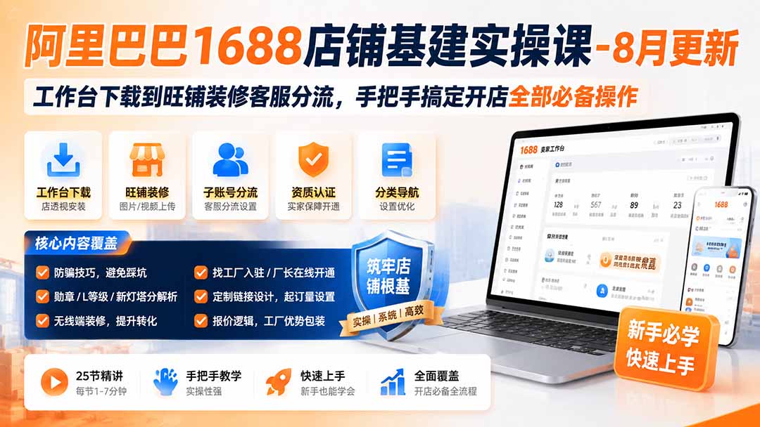 阿里巴巴1688店铺基建实操课-8月更新;工作台下载到旺铺装修客服分流,手把手搞定开店全部必备操作-墨痕微课