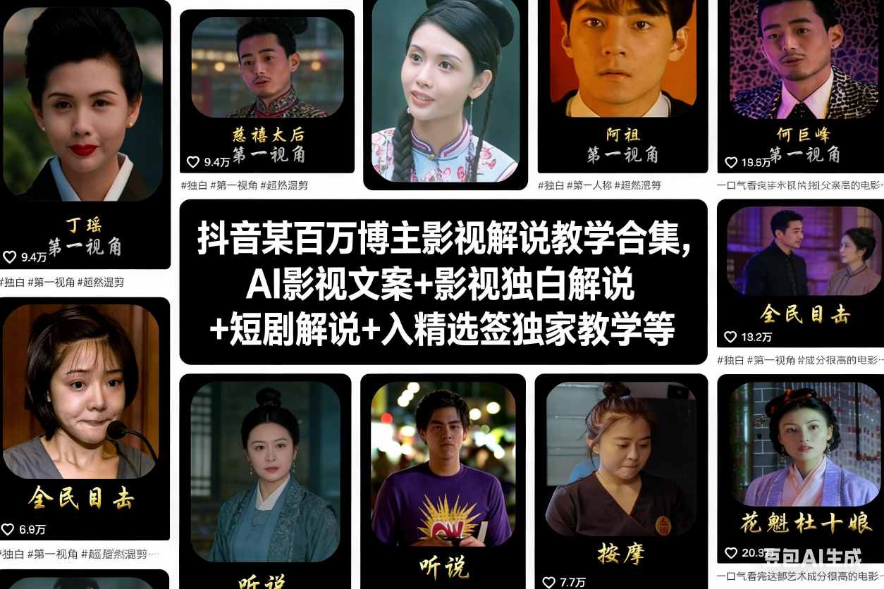 抖音某百万博主影视解说教学合集,AI影视文案+影视独白解说+短剧解说+入精选签独家教学等-墨痕微课