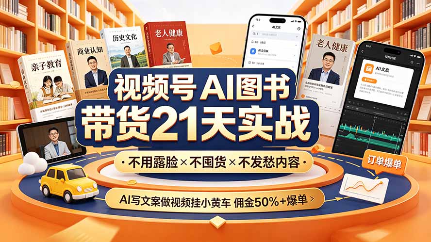 视频号AI图书带货21天实战:不用露脸×不囤货×不发愁内容,AI写文案做视频挂小黄车,佣金50%+爆单-墨痕微课