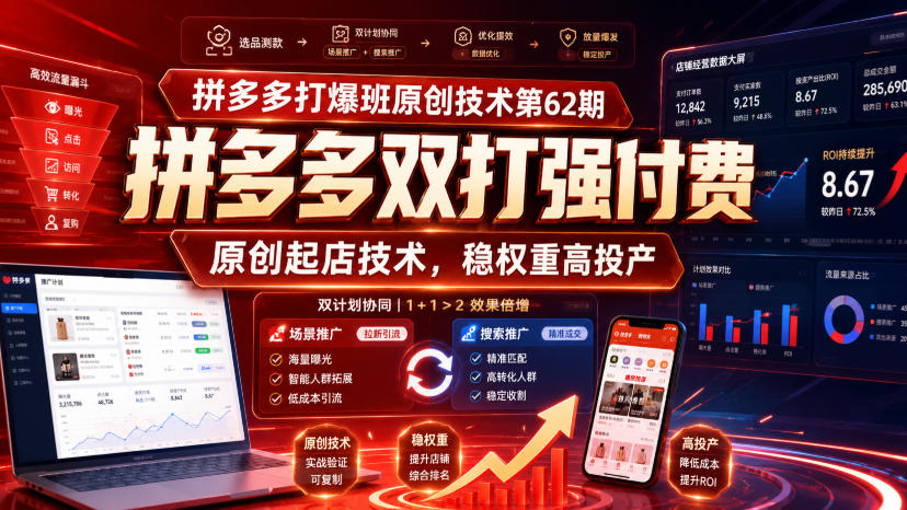 拼多多打爆班原创技术第62期,拼多多双打强付费,原创起店技术,稳权重高投产-墨痕微课