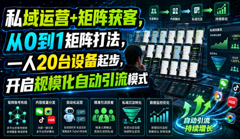 私域运营+矩阵获客,从0到1矩阵打法,一人20台设备起步,开启规模化自动引流模式!-墨痕微课