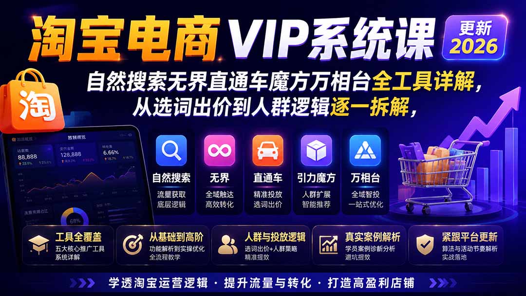 淘宝电商VIP系统课-更新8月；自然搜索无界直通车魔方万相台全工具详解，从选词出价到人群逻辑逐一拆解-墨痕微课