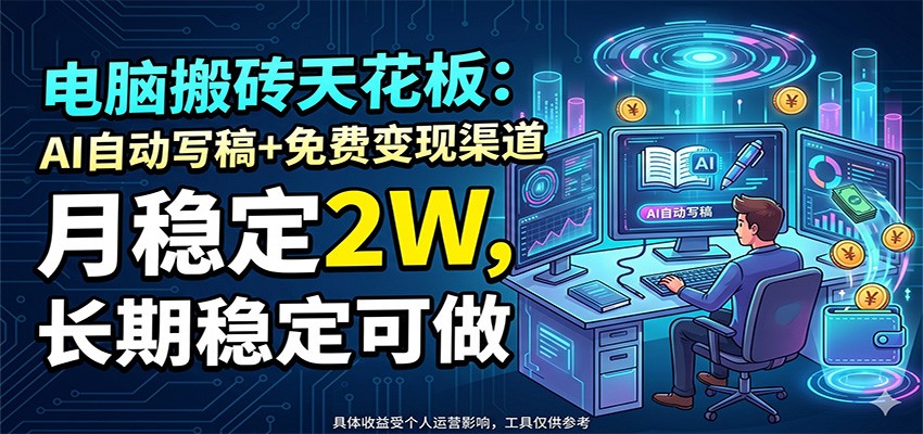 电脑搬砖天花板：AI自动写稿+免费变现渠道，月稳定2W，长期稳定可做-墨痕微课