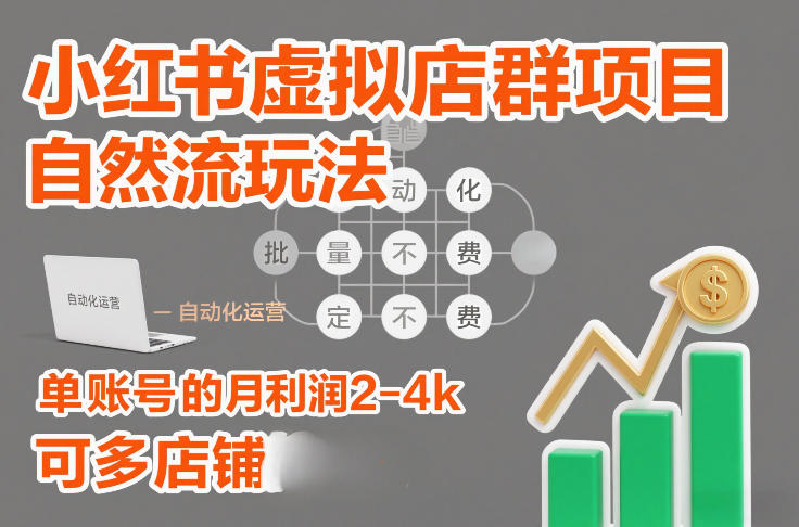 小红书虚拟店群项目，自然流玩法，批量自动化，稳定不费号，单账号的月利润2-4k，可多店矩阵-墨痕微课