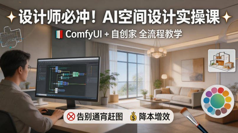 设计师必冲！AI空间设计实操课，ComfyUI+自创家全教学，告别通宵赶图，降本增效-墨痕微课