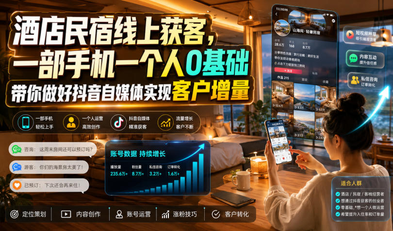酒店民宿线上获客,一部手机一个人0基础带你做好抖音自媒体实现客户增量-墨痕微课