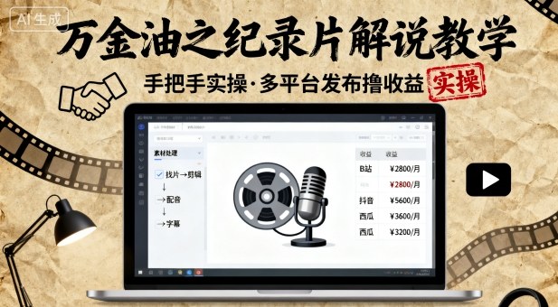 万金油之纪录片解说教学,手把手教你,完全实操,多平台发布撸收益-墨痕微课