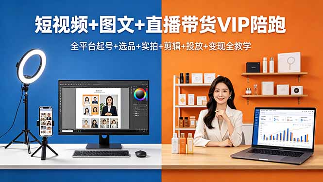 短视频+图文+直播带货VIP陪跑，全平台起号+选品+实拍+剪辑+投放+变现全教学-墨痕微课