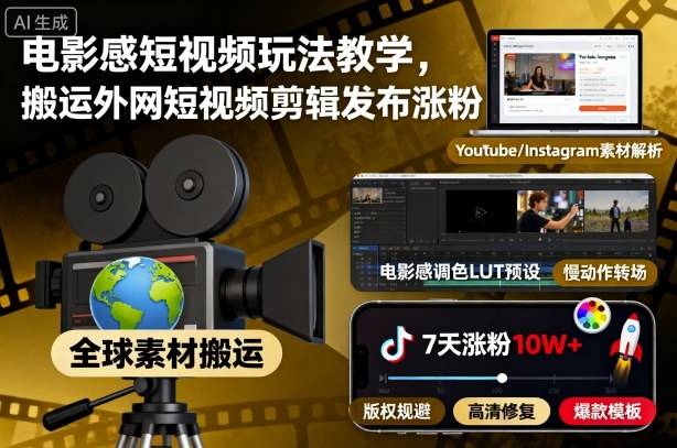 电影感短视频玩法教学,搬运外网短视频剪辑发布涨粉-墨痕微课