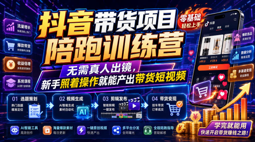 抖音带货项目陪跑训练营,无需真人出镜,新手照着操作就能产出带货短视频-墨痕微课