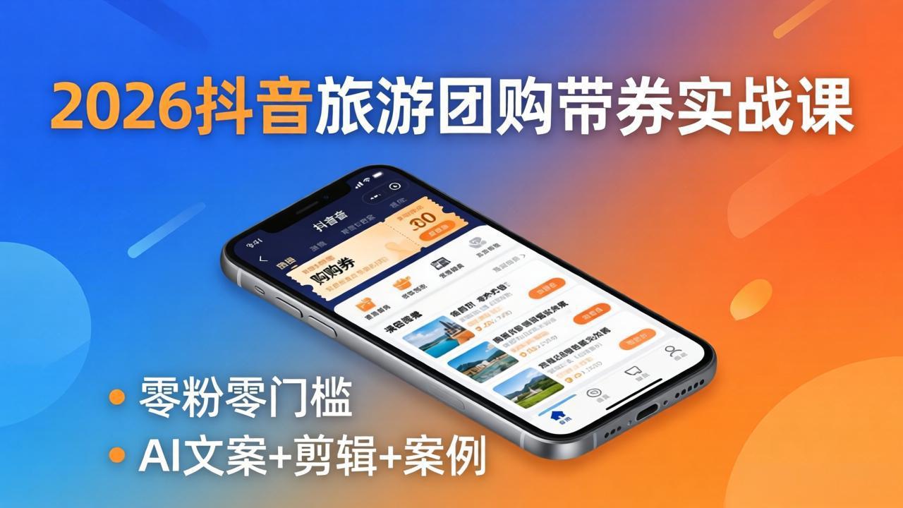 2026抖音旅游团购带券实战课：零粉零门槛，AI文案+剪辑+案例，躺着赚门票佣金-墨痕微课