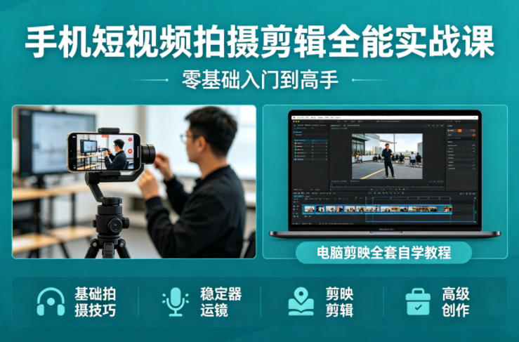 手机短视频拍摄剪辑全能实战课:零基础入门到高手,稳定器运镜+电脑剪映全套自学教程-墨痕微课