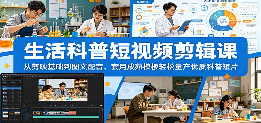 生活科普短视频剪辑课：从剪映基础到图文配音，套用成熟模板轻松量产优质科普短片-墨痕微课