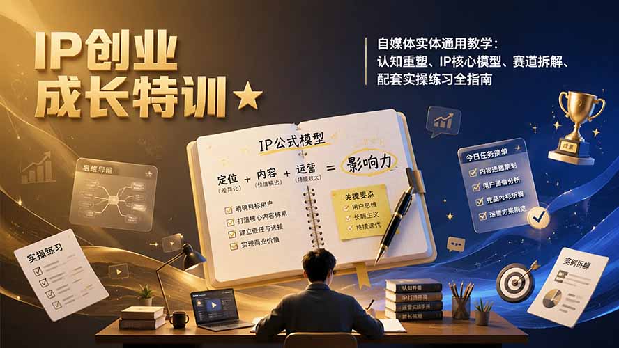 IP创业成长特训★自媒体实体通用教学：认知重塑、IP核心模型、赛道拆解、配套实操练习全指南-墨痕微课