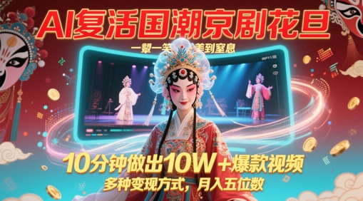 AI复活国潮京剧花旦,一颦一笑美到窒息,10分钟做出10W+爆款视频,多种变现方式,月入五位数-墨痕微课