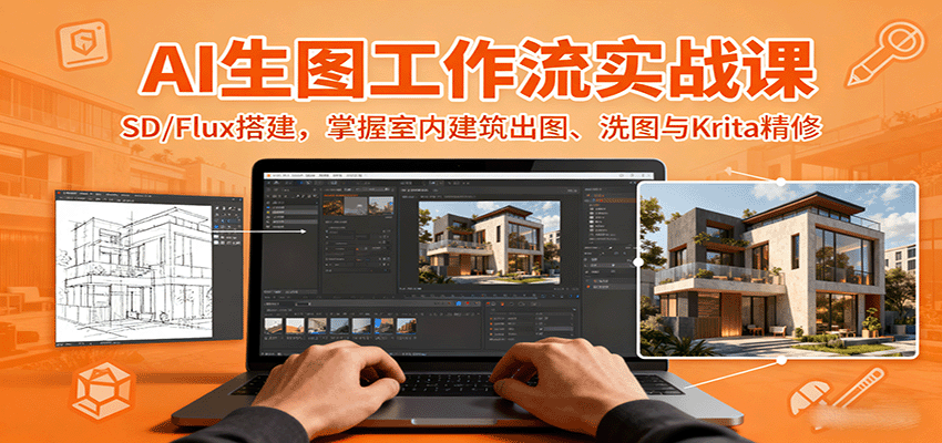 AI生图工作流实战课:SD/Flux搭建,掌握室内建筑出图、洗图与Krita精修-墨痕微课