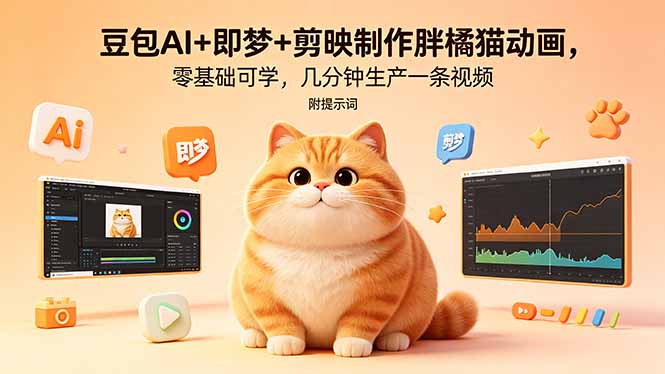 豆包AI+即梦+剪映制作胖橘猫动画，零基础可学，几分钟生产一条视频，附提示词-墨痕微课