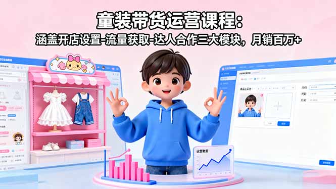 童装带货运营课程:涵盖开店设置-流量获取-达人合作三大模块,月销百万+-墨痕微课