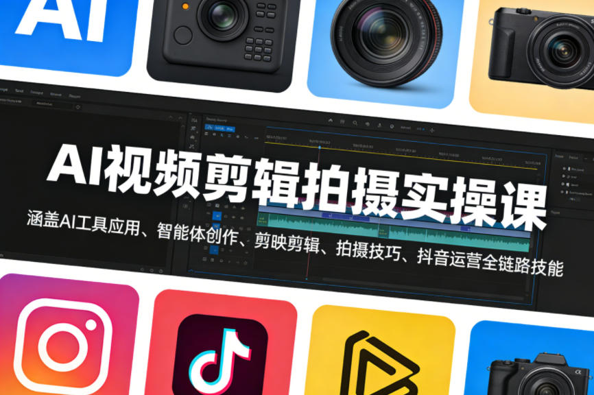 AI视频剪辑拍摄实操课，涵盖AI工具应用、智能体创作、剪映剪辑、拍摄技巧、抖音运营等全链路技能-墨痕微课