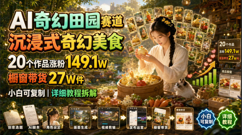AI奇幻田园赛道,沉浸式奇幻美食,20个作品涨粉149.1W,橱窗带货27W件,小白可复制,详细教程拆解-墨痕微课